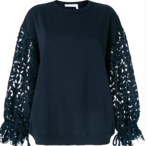 See by Chloe Lace Sleeved Cotton Sweatshirt - Navy, Size L - Picture 1 of 5